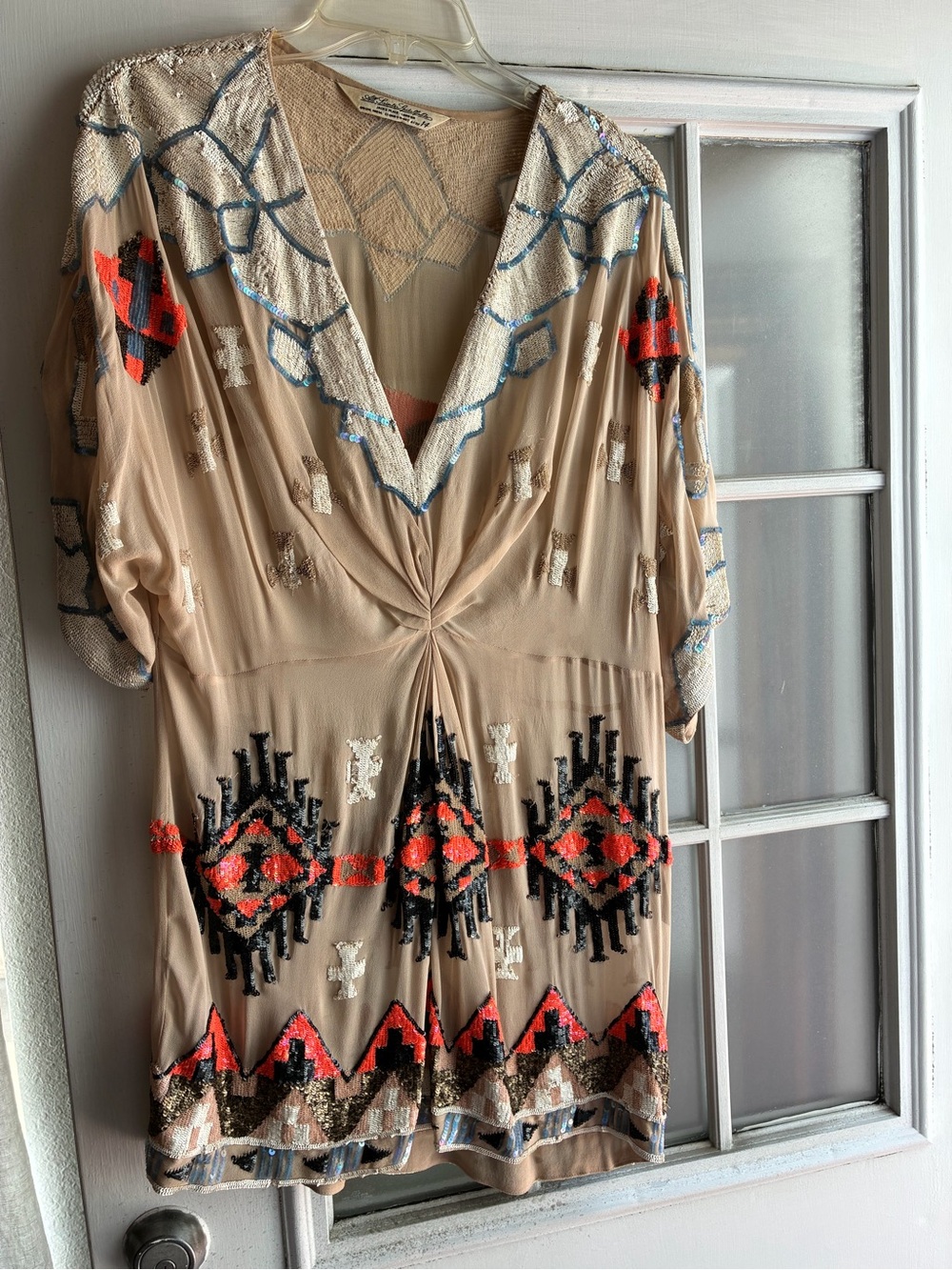 AllSaints spitalfields Beige Tunic with Black & Coral Sequin Geometric Accents